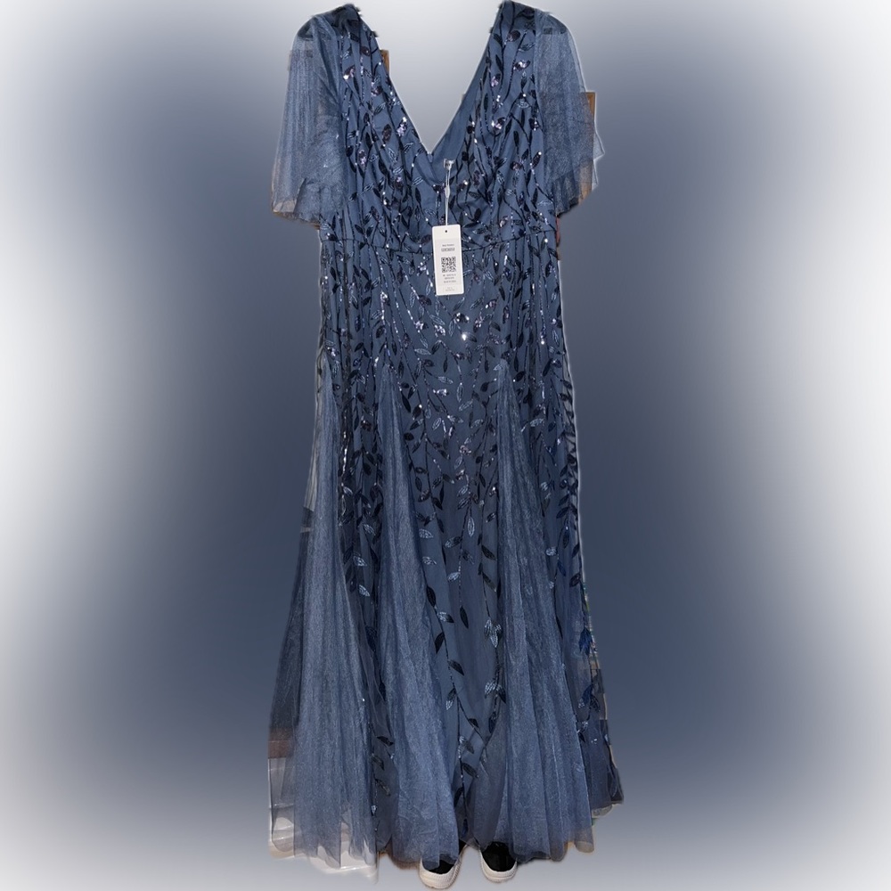 Shimmery V Neck Maxi Evening Dress by Ever Pretty - size 18. Dusty Blue color. - Picture 4 of 11